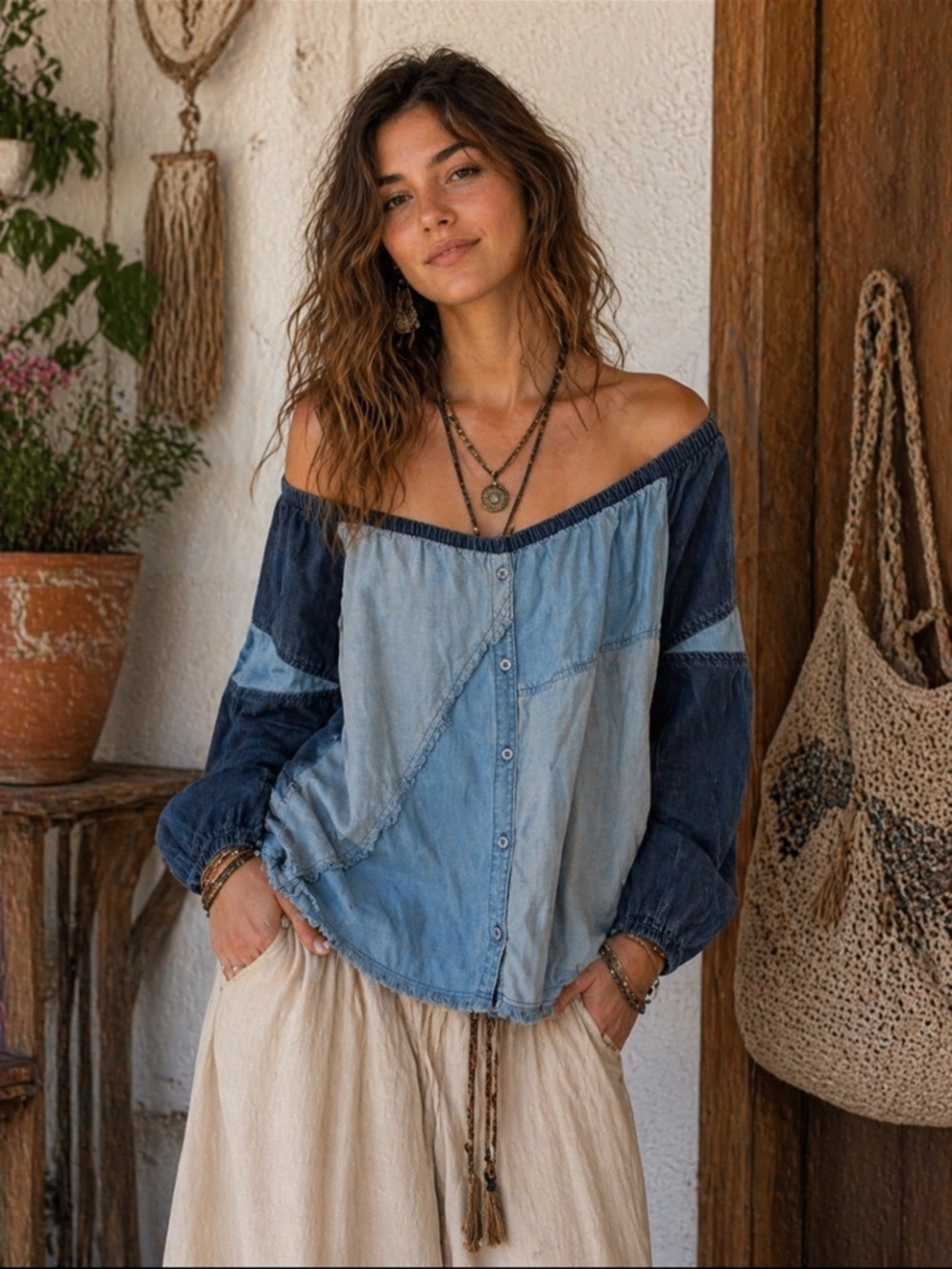 Cloth & Stone Anthropologie Women’s Shirt Chambray Patchwork Boho Flowy Size M